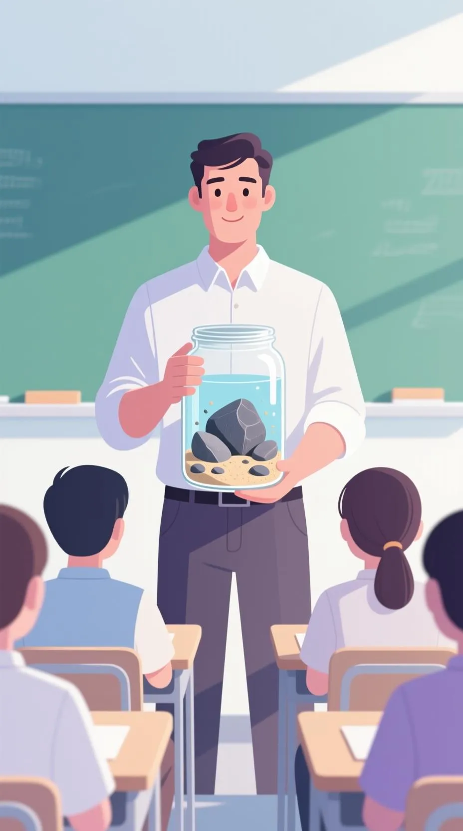 Professeur qui tient un pot rempli de gros et petits cailloux, de sable et d'eau