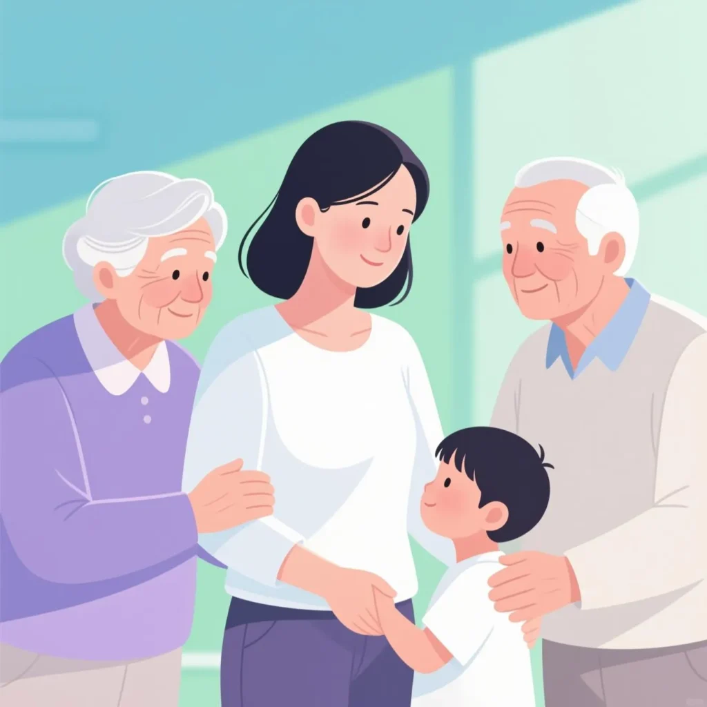 Femme entourée de son enfant et ses parents vieillissants