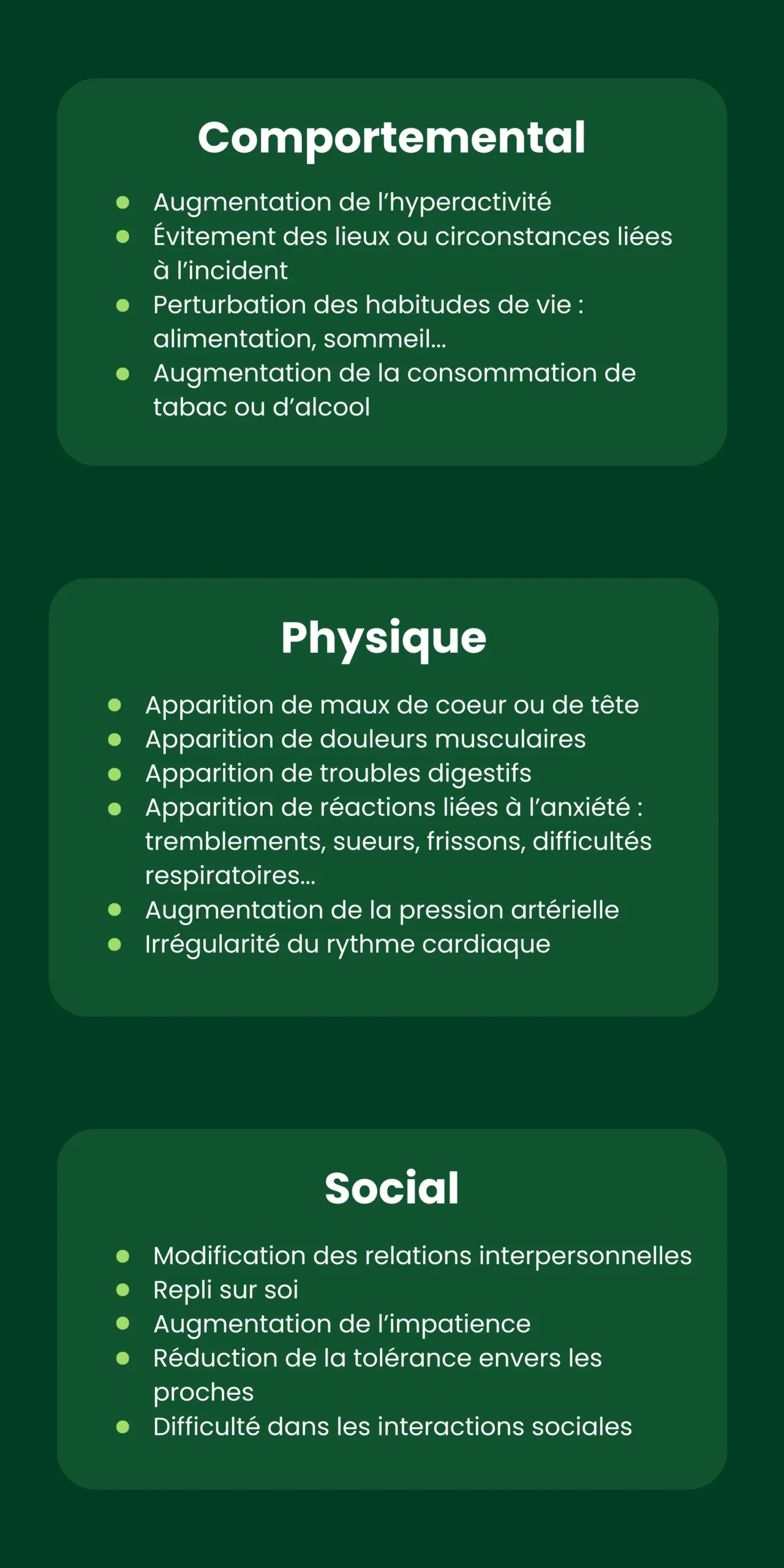 Réactions comportementales, physiques et sociales possibles après avoir vécu un événement potentiellement traumatique