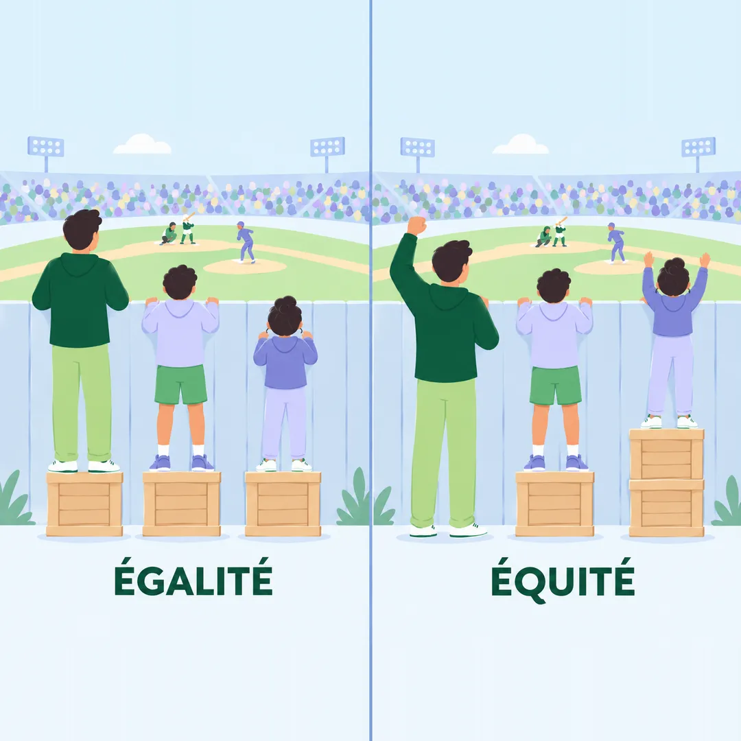 Illustration comparant l'égalité et l'équité : trois personnes de tailles différentes regardent un match derrière une clôture, d'abord avec des caisses réparties également, puis réparties selon leurs besoins.